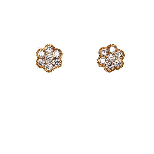 Two rose gold stud earrings with seven round diamonds encrusted, it sets againts on a white background and directly facing the camera.