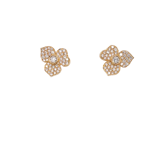 Two rose gold diamond earring with a bezel set round cut diamond on the center part, each earring has three petals adorned with smaller round diamonds, it is set againts on a white background.