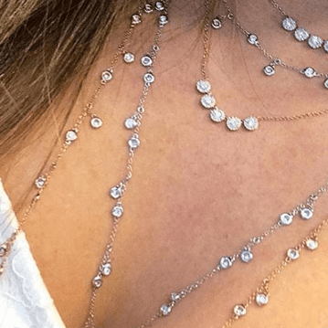 Woman shows off her neck wearing a gold necklace with a bezel set round cut diamond.