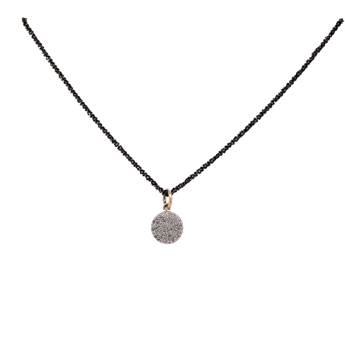 One rose gold pendant hanging on a thin black color chain. The pendant is like a rose gold sphere adorned with tiny diamonds.