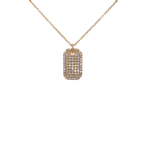 One rose gold necklace with a dog tag pendant accented with smaller diamonds hanging on a chain.