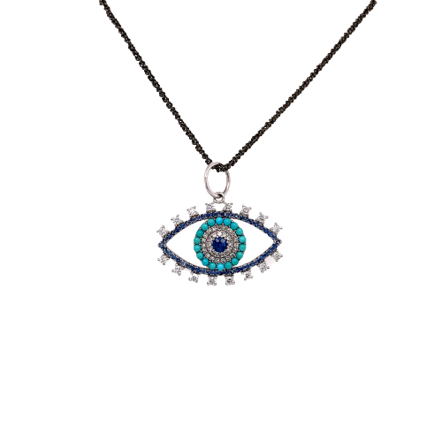 One black chain holds a white gold eye pendant studded with blue and white diamonds.