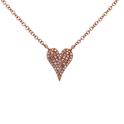 One rose gold necklace with a heart shaped pendant hanging on a thin chain filled with small diamonds. The necklace set againts in a white background.