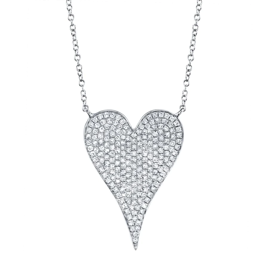 One white gold necklace. The necklace is a plated heart-shaped adorned with diamonds.