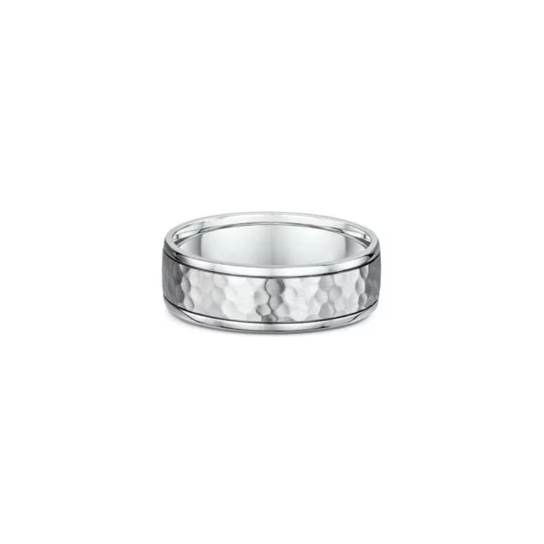One silver ring with a band design that features a titanium bevelled edge pattern on the center surface of the band.