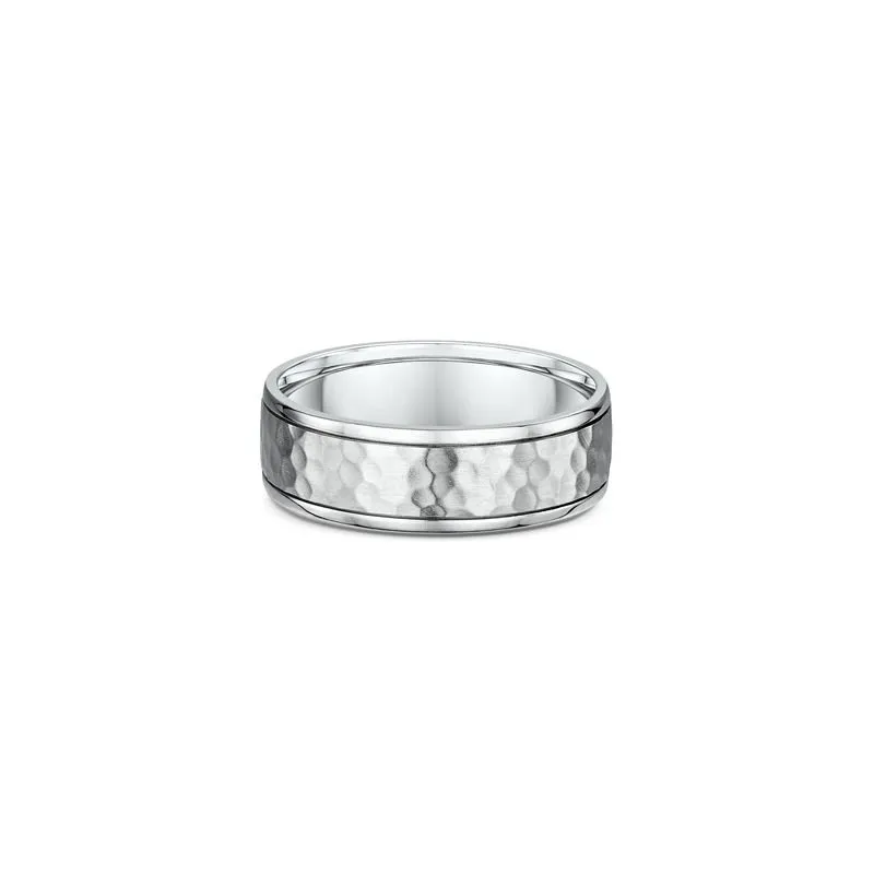 One silver ring with a band design that features a titanium bevelled edge pattern on the center surface of the band.