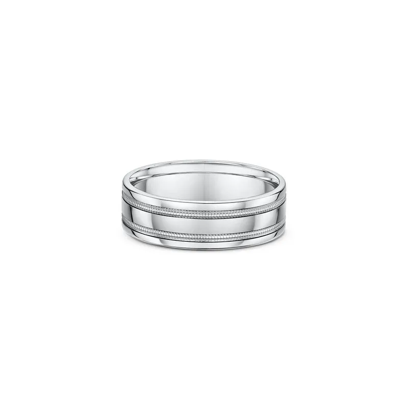 One silver ring with a pattern design on the upper and lower parts of the band.