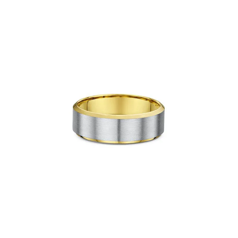 One plain gold band ring. The ring features a beveled edge and a silver finish in the center of the high polish round edge band.