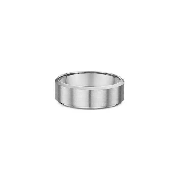 One plain silver band ring. The ring features a beveled edge and matte finish band, directly facing the camera.