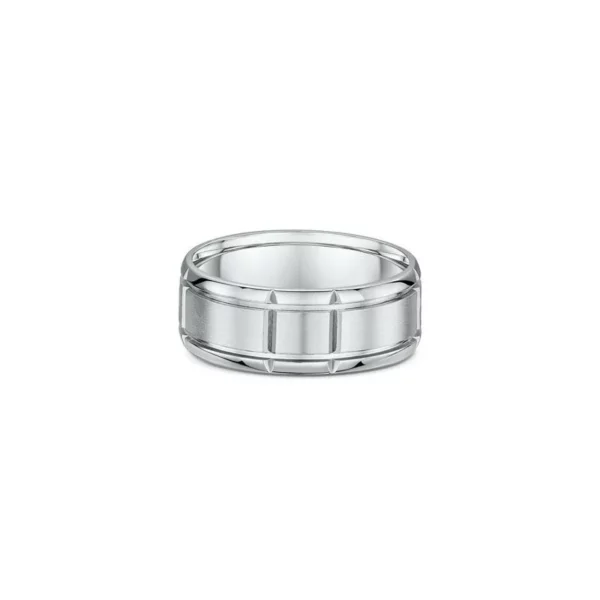 One silver ring with a band design that features two horizontal an vertical cut lines pattern.