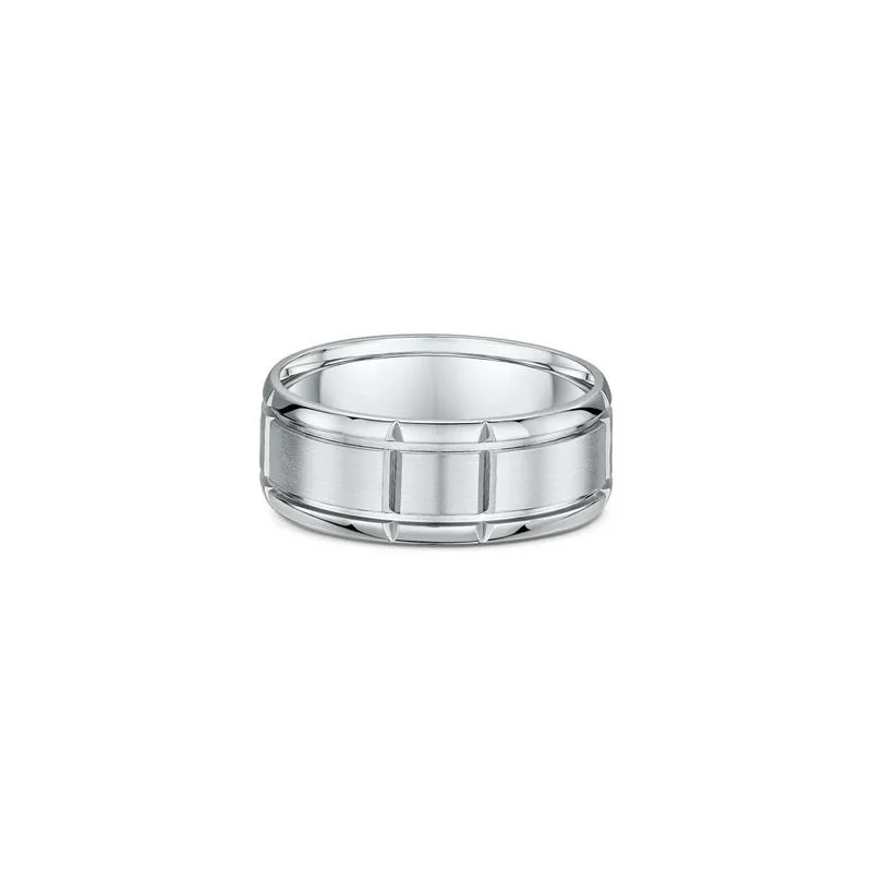 One silver ring with a band design that features two horizontal an vertical cut lines pattern.