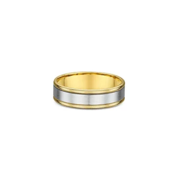 One plain gold band ring. The ring features a silver finish in the center of the high polish round edge band.