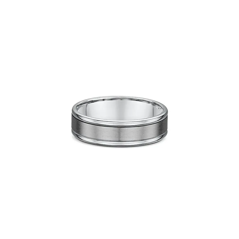 One plain silver band ring. The ring features a titanium in the center of the high polish round edge band.
