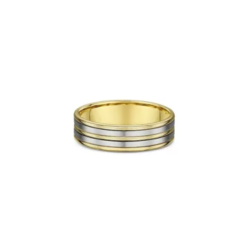 One plain gold band ring. The ring features an illusion of two silver layer ring. The ring directly facing the camera.