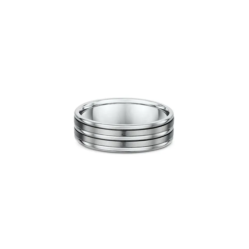 One plain silver band ring. The ring features an illusion of two titanium layer ring. The ring directly facing the camera.