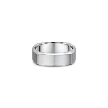 One plain silver band ring with flat edges creates a square-shaped finish on the band.