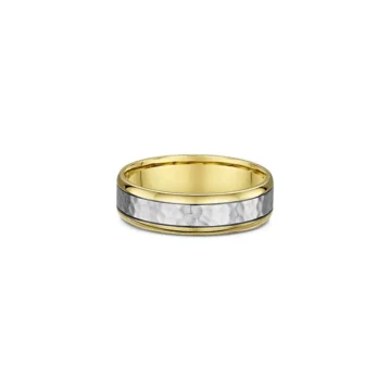 One gold ring with a band design that features a silver bevelled edge on the center surface of the band.