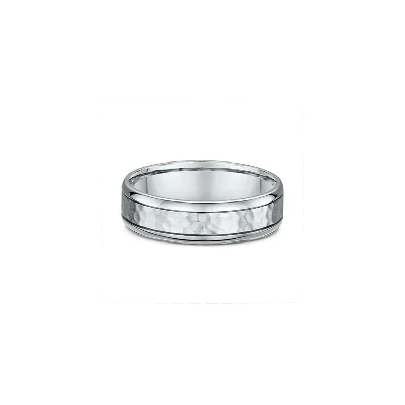 One silver ring with a band design that features a bevelled edge on the center surface of the band.