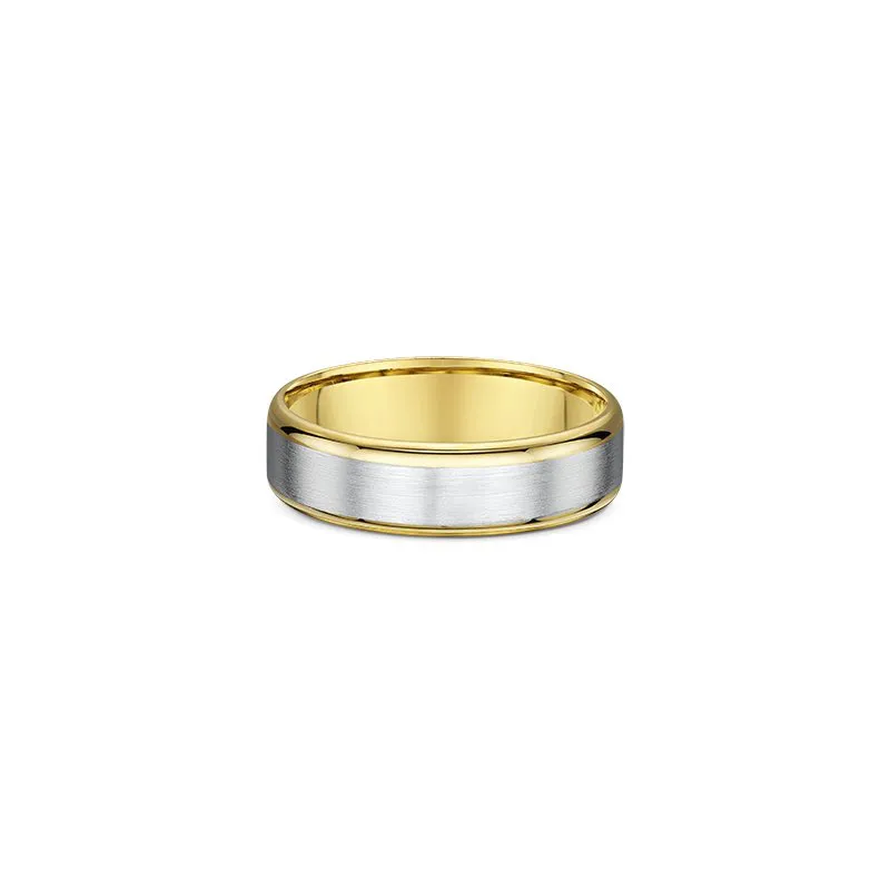 One plain gold band ring. The ring features a beveled edge and a silver finish in the center of the high polish round edge band.