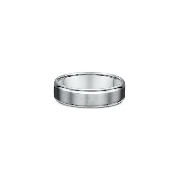 One plain silver band ring. The ring features a beveled edge and matte finish band, directly facing the camera