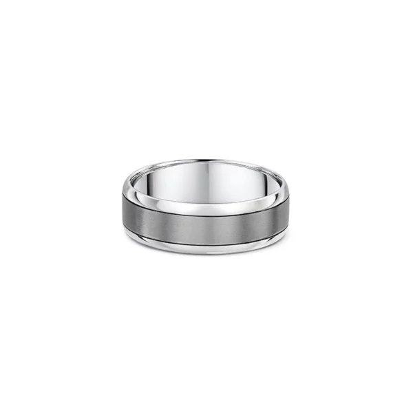 One plain silver band ring. The ring features a titanium in the center of the high polish round edge band.