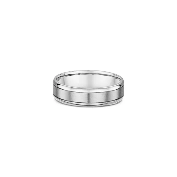 One plain silver band ring. The ring features a matte finish in the center of the high polish round edge band.
