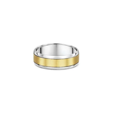 One plain silver band ring. The ring features a gold finish in the center of the high polish round edge band.