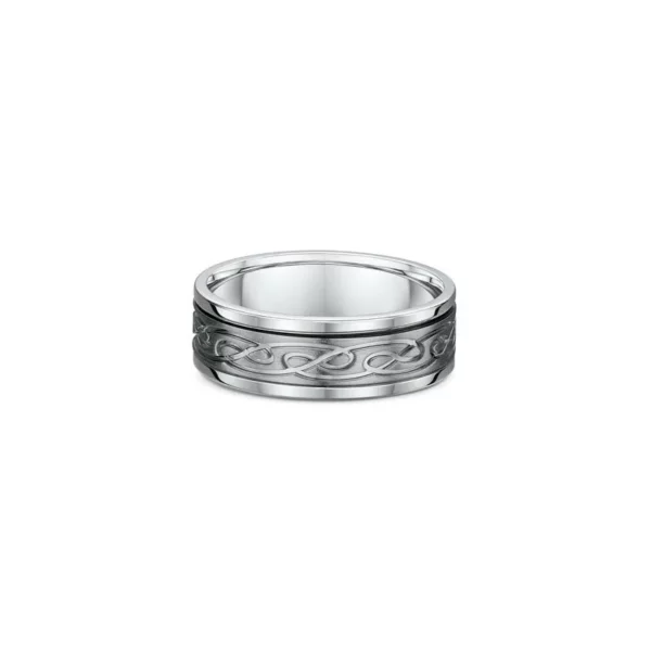 One silver ring with a grey hue pattern design on center parts of the band.