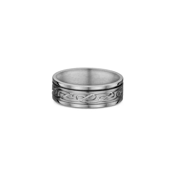 One silver ring with a pattern design on center parts of the band.