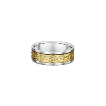 One silver ring with a gold pattern design on center parts of the band.