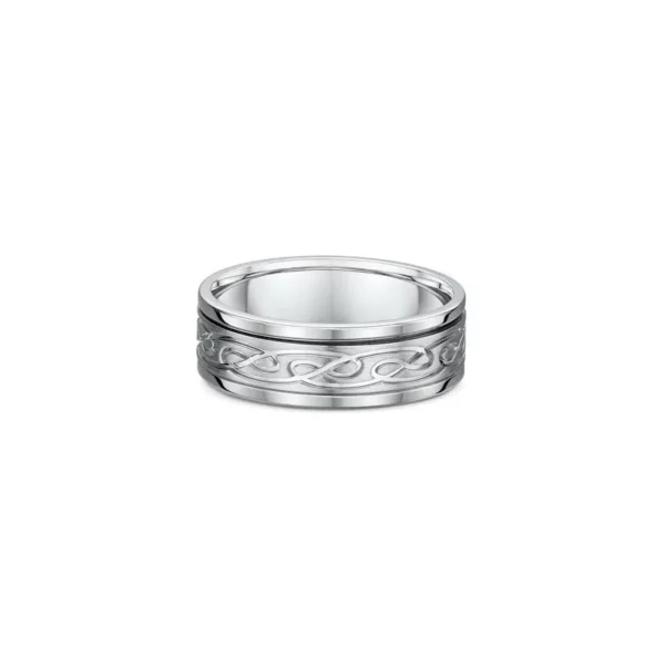 One silver ring with a pattern design on center parts of the band.