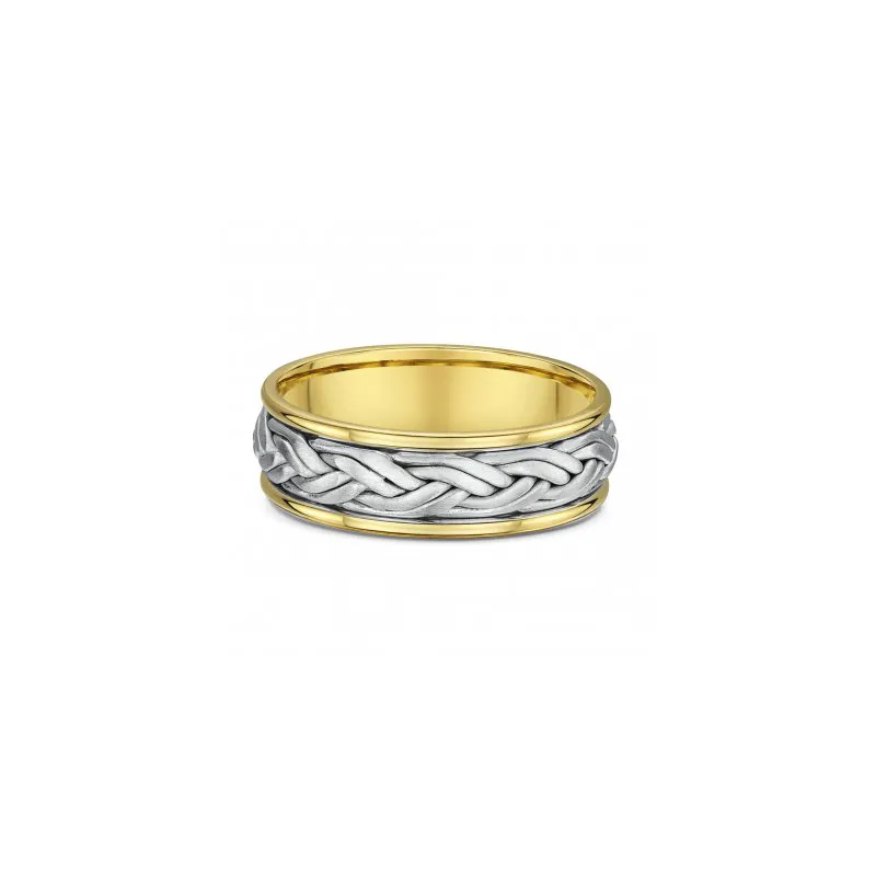 One band ring combines gold and silver shades, featuring a braided cut pattern along its band.