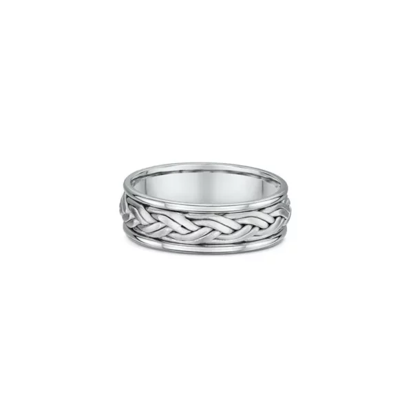 One silver band ring featuring a braided knot pattern along its band.