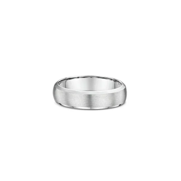 One plain silver band ring. The ring features a beveled edge and matte finish band.