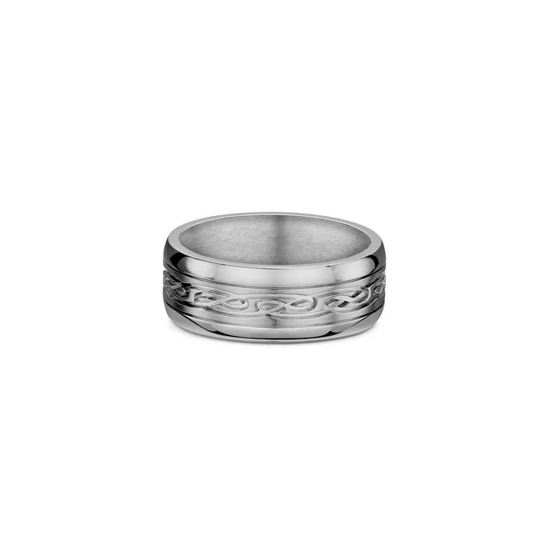 One silver ring with a pattern design on the center parts of the band.