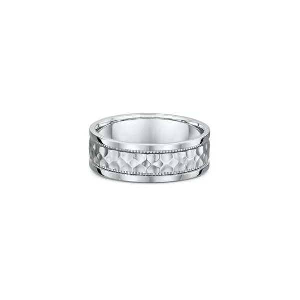 One silver ring with a band design that features a bevelled edge pattern on the center surface of the band.