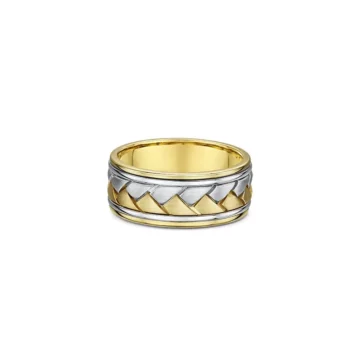 One band ring combines gold, and silver shade, featuring a braided cut pattern along its band.