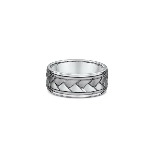 One band ring combines titanium and silver shades, featuring a braided cut pattern along its band.