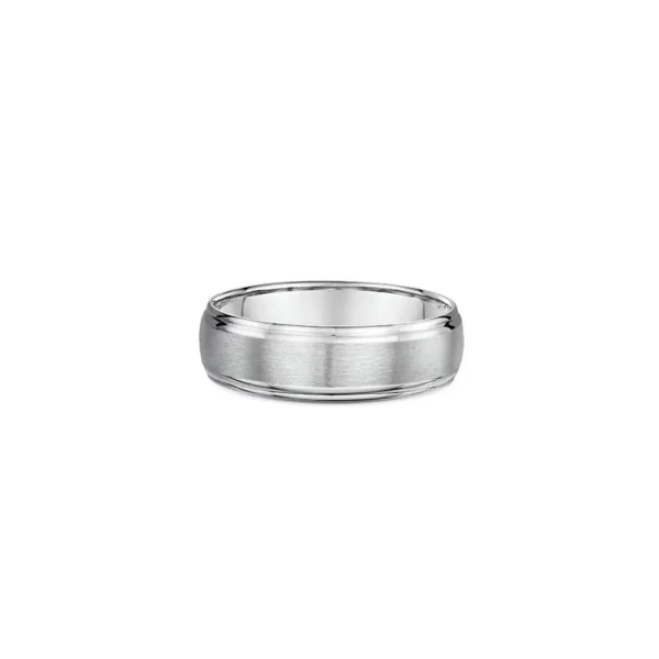 One plain silver band ring. The ring has bevelled edge and a matte finesh at the center of band