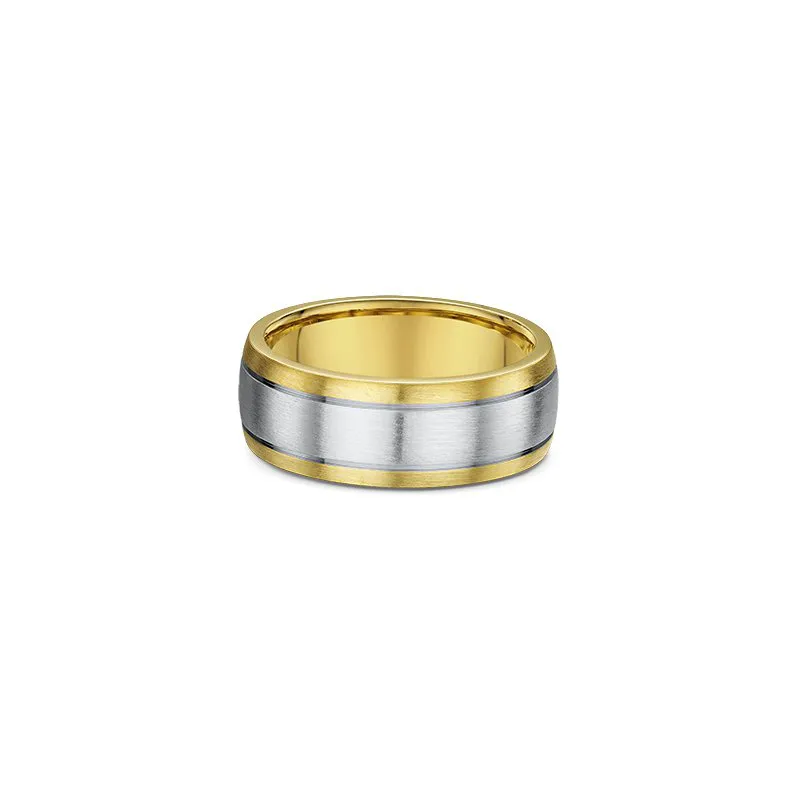 One plain band ring a combination of two shades, gold and silver , where the silver shade takes its place at the center of the band. The ring directly facing the camera.