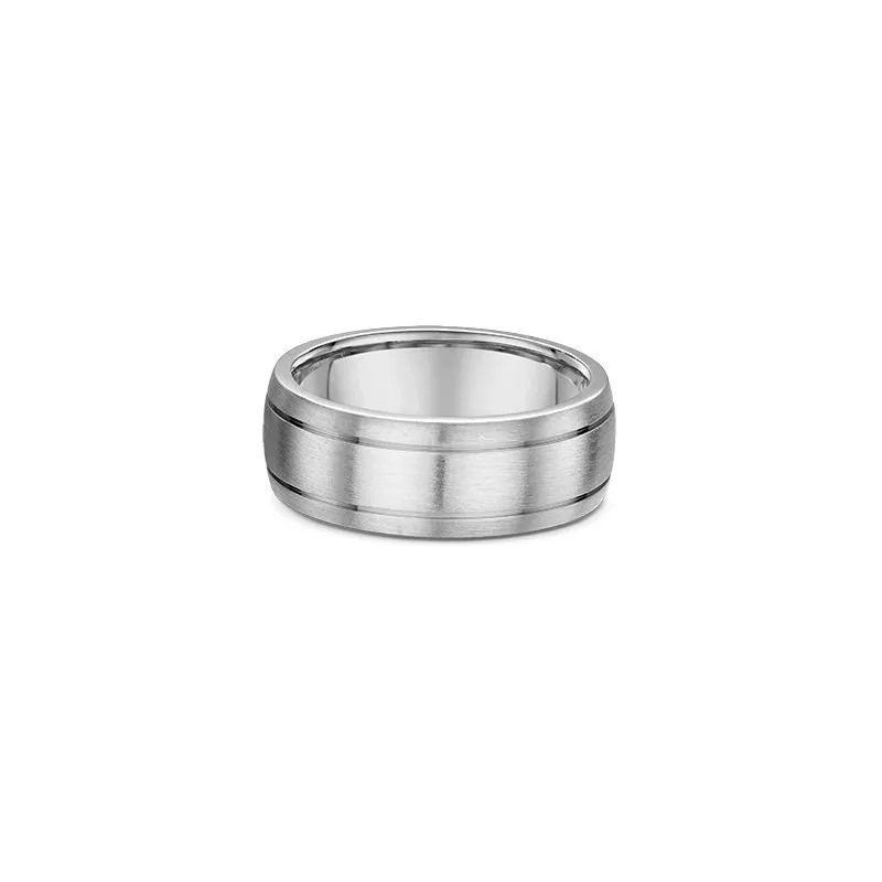 One titanium ring with a band design that features two horizontal black lines pattern encircling the ring. The titanium ring has a subtle darker shade or greyish hue, directly facing the camera.