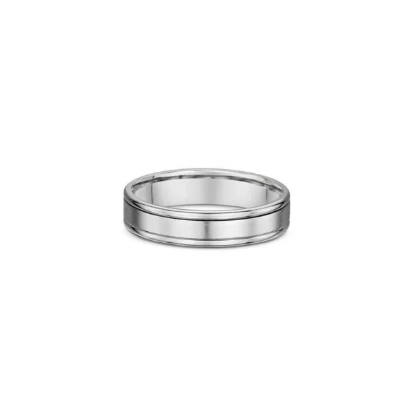 One plain silver band ring. The ring features a beveled edge and there is a matte finish in the center of the band.