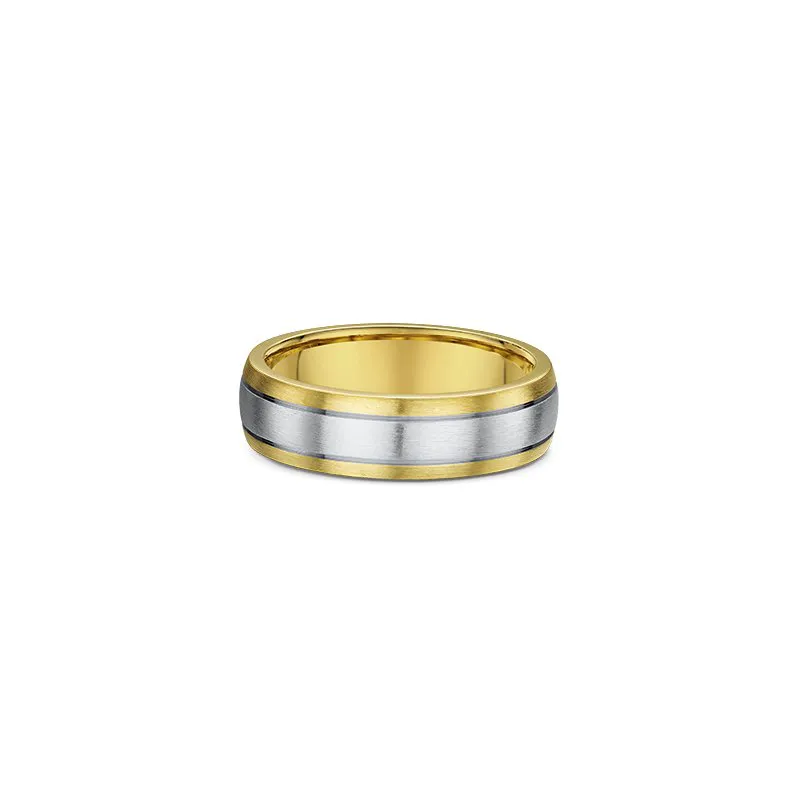 One plain band ring a combination of two shades, gold and titanium, where the titanium shade takes its place at the center of the band. The ring directly facing the camera.