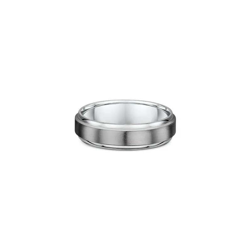 One plain silver band ring. The ring features a titanium stepped edge design at the center of the band.