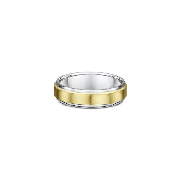 One plain silver band ring. The ring features a gold stepped edge design at the center of the band