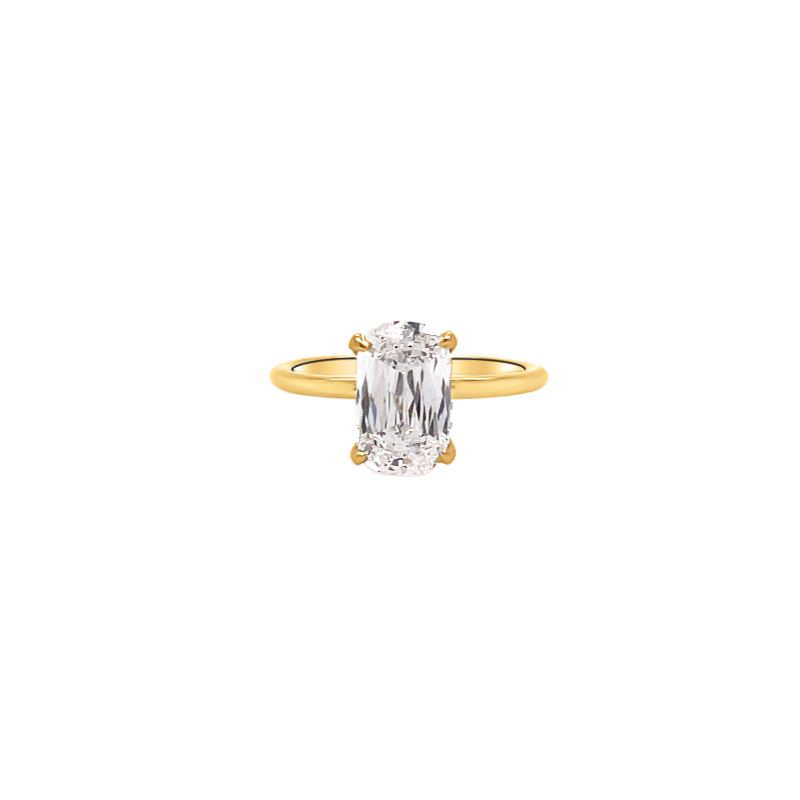 One yellow gold ring. The ring features a plated gold band with a oval shaped single cut diamond.