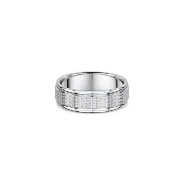 One silver band ring. The band design features a cross hatch pattern on the center surface of the band.