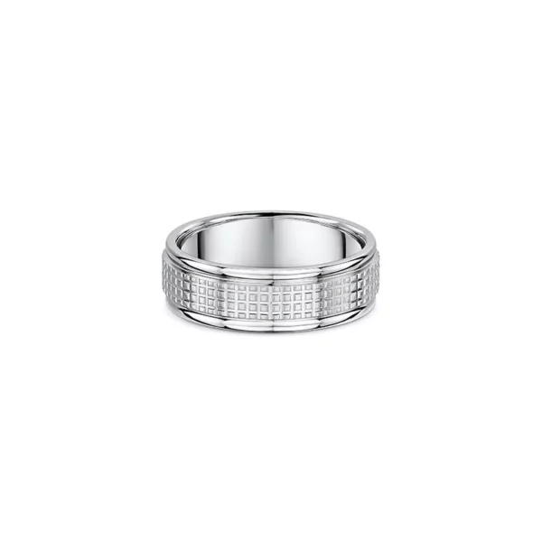 One silver band ring. The band design features a cross hatch pattern on the center surface of the band.