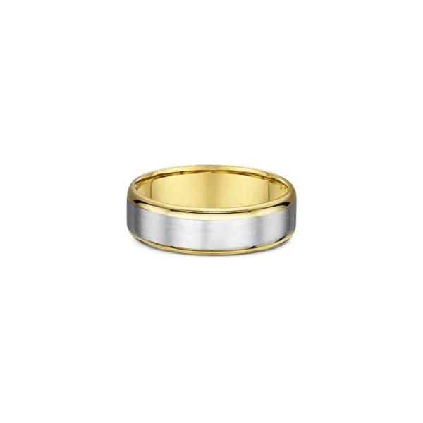 One plain gold band ring. The ring features a beveled edge and there is a silver finish in the center of the band.