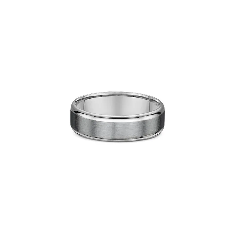 One plain titanium band ring. The ring features a beveled edge and there is a matte finish in the center of the band.